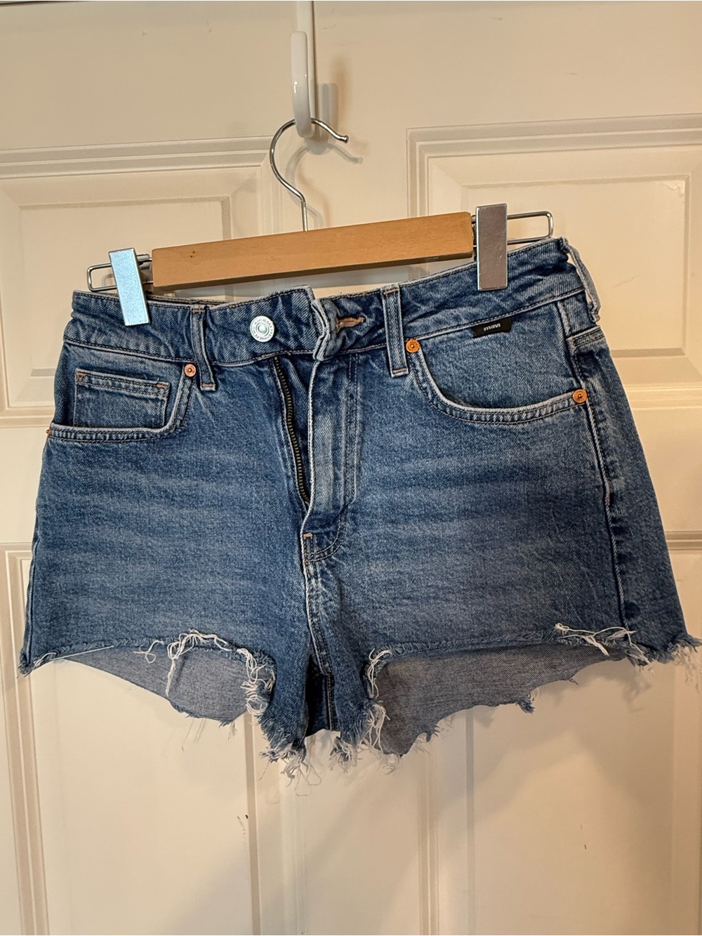 Mavi Distressed Mid-Blue High-Rise Denim Shorts